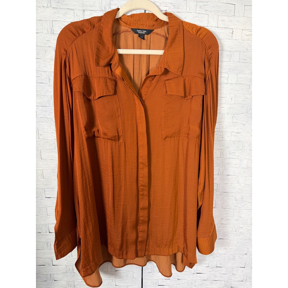 Simply Vera Vera Wang Womens Blouse Button Down Orange High Low Hem Plus Size